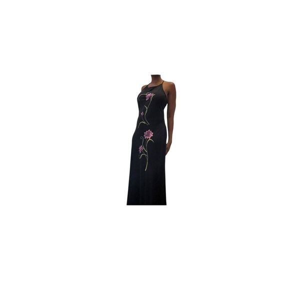 Long Black Gown with Lavender Embroidered Flowers and Crisscross Back Maxi Dress - Picture 3 of 15